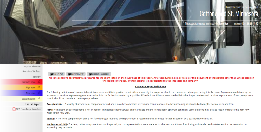 A screenshot from ScribeWare RV Home Inspection Software
